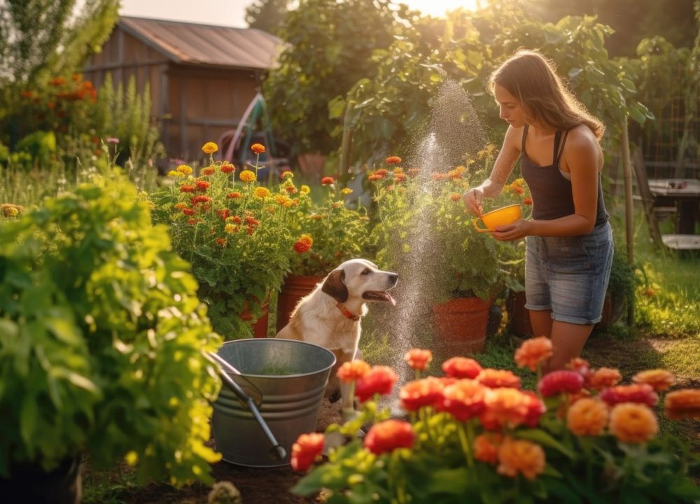 Frau mit Hund im Garten