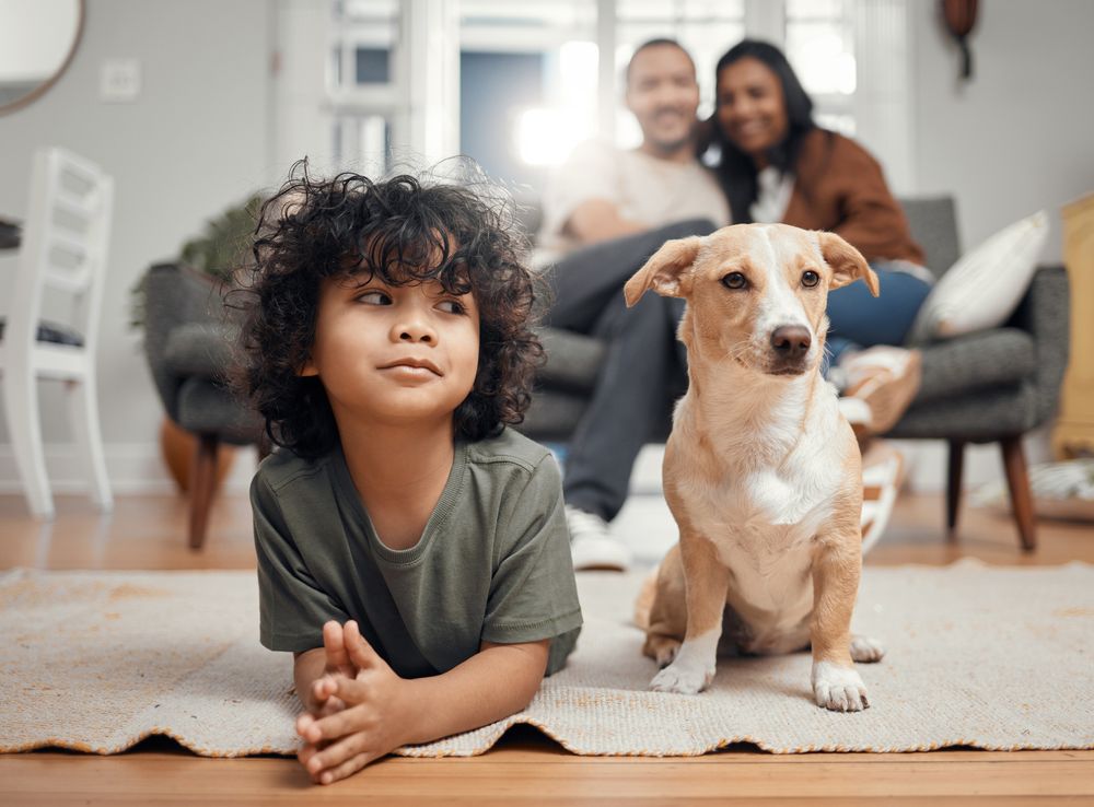 Bild von Hund und Kind nebeneinander und Eltern beobachten