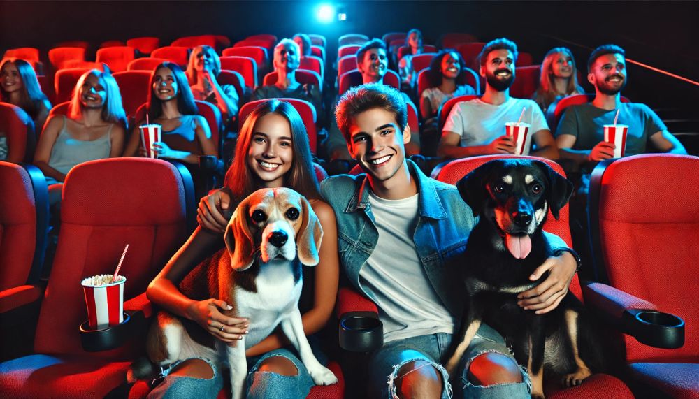 Zwei Personen sitzen im Kino, Hund ist dabei