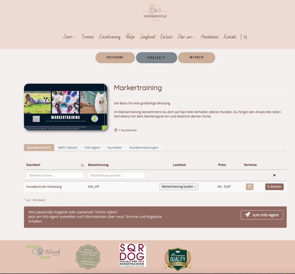 Kursbuchung Screenshot mit Kutego