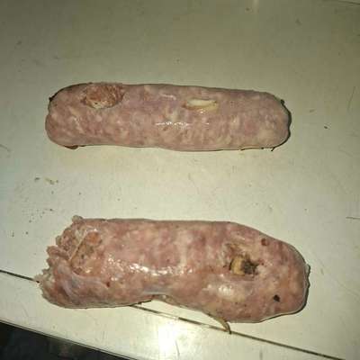 Giftköder-Rohe Bratwurst gespickt mit Knochen-Bild