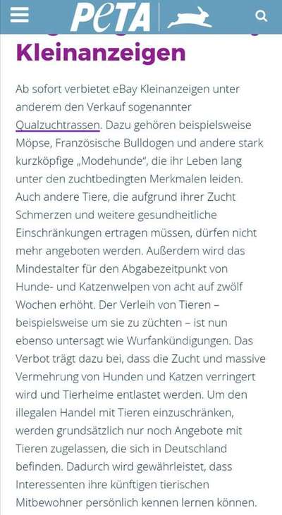 Tierschutz, PETA & Ebay Kleinanzeigen-Beitrag-Bild