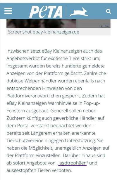 Tierschutz, PETA & Ebay Kleinanzeigen-Beitrag-Bild