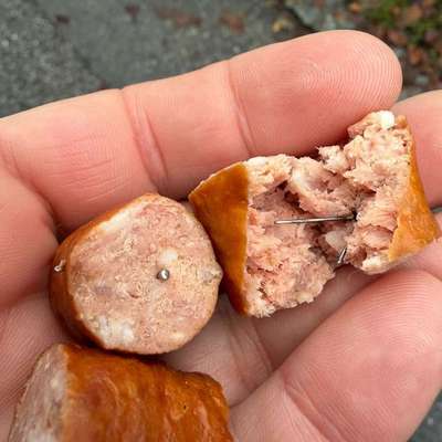Giftköder-Mit Nägeln präparierte Wurststücke-Bild