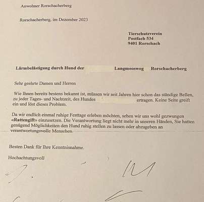 Giftköder-Drohung Hund wegen Lärmbelästigung zu töten-Bild