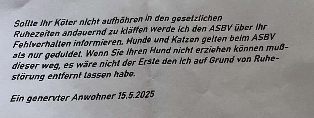 Giftköder-Drohung gegen unseren Hund-Bild