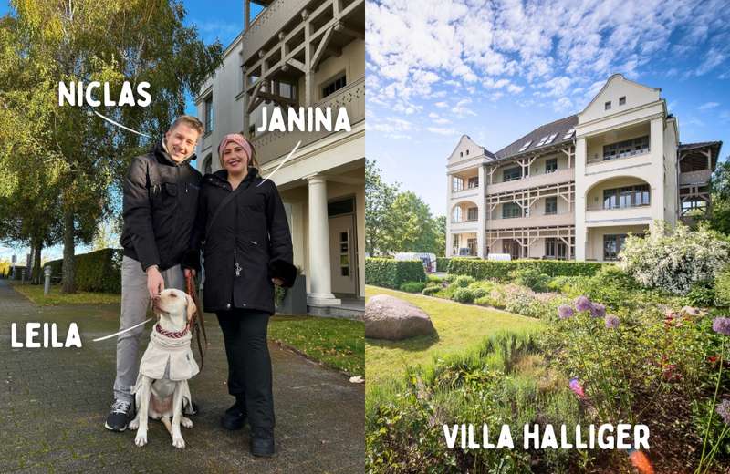Titelbild Janina, Niclas und Leila und rechts Villa Halliger