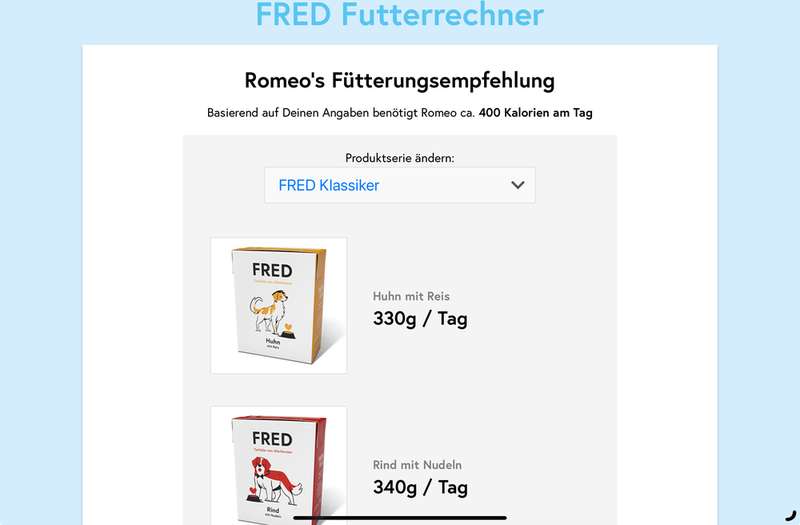 Der Futterrechner von Fred&Felia zeigt genau an, wieviel dein Hund vom Futter braucht