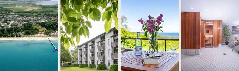 Collage aus Bildern von Anlage, Region und Ferienwohnungen