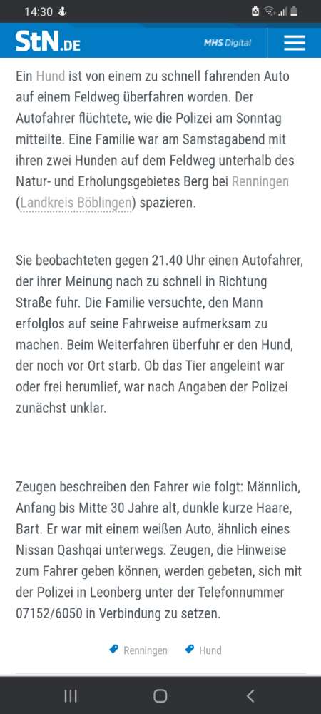 Giftköder-Autofahrer überfährt Hund und flüchtet-Profilbild