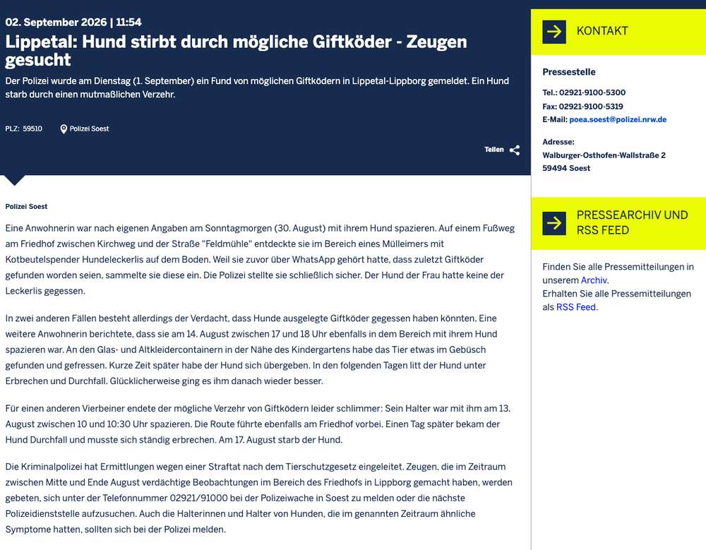 Giftköder-Lippetal: Hund stirbt durch mögliche Giftköder - Zeugen gesucht-Profilbild